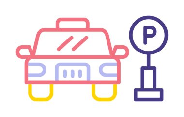 Çember vektör illüstrasyonunda park simgesinin yanındaki araba