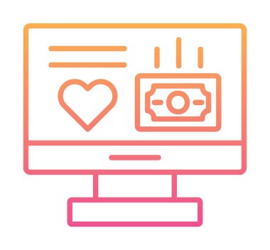 Para ve kalp web simgesi, vektör illüstrasyonlu bilgisayar monitörü