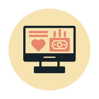 Para ve kalp web simgesi, vektör illüstrasyonlu bilgisayar monitörü