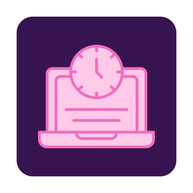 Saat simgesi olan dizüstü bilgisayar, vektör illüstrasyonu. Fazla çalışma kavramı                