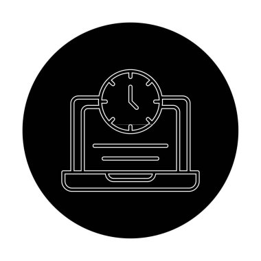 Saat simgesi olan dizüstü bilgisayar, vektör illüstrasyonu. Fazla çalışma kavramı                