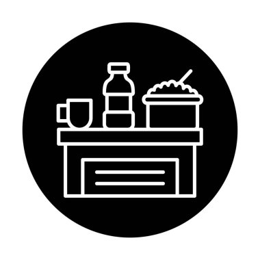 Şişeli masa, bir kase pirinç ve bir fincan ikon vektör illüstrasyonu.