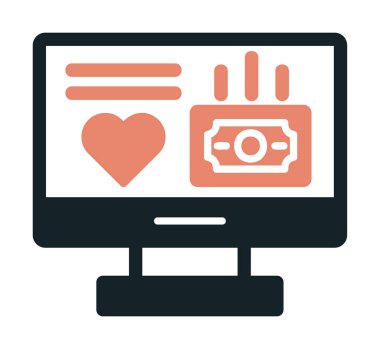 Para ve kalp web simgesi, vektör illüstrasyonlu bilgisayar monitörü