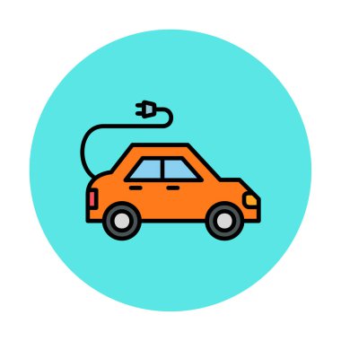 Elektrikli araba ikonu. Elektrikli otomobil ve şarj sembolü. Çevre dostu elektro araç konsepti. Vektör illüstrasyonu 