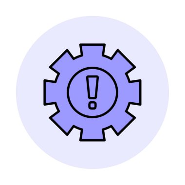 Cogwheel ve ünlem işaretli Uyarı düz simgesinin vektör çizimi