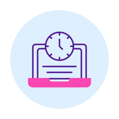 Saat simgesi olan dizüstü bilgisayar, vektör illüstrasyonu. Fazla çalışma kavramı                