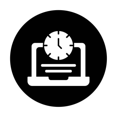 Saat simgesi olan dizüstü bilgisayar, vektör illüstrasyonu. Fazla çalışma kavramı                