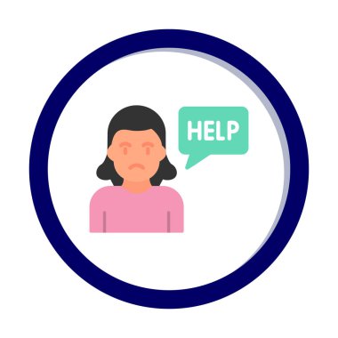 Yardımcı konuşma balonu simgesi, vektör illüstrasyonlu üzgün kadın