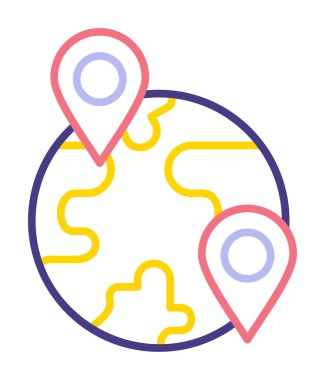 Konum simgesi, Dünya Turizmi kavramına sahip Dünya küresinin vektör illüstrasyonu