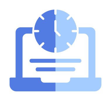 Saat simgesi olan dizüstü bilgisayar, vektör illüstrasyonu. Fazla çalışma kavramı                