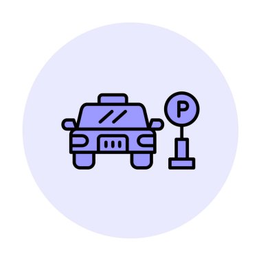 Çember vektör illüstrasyonunda park simgesinin yanındaki araba