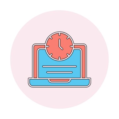 Saat simgesi olan dizüstü bilgisayar, vektör illüstrasyonu. Fazla çalışma kavramı                