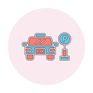 Çember vektör illüstrasyonunda park simgesinin yanındaki araba