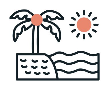 Gün batımı ve deniz ikonu, Plaj ikonu, vektör illüstrasyonu