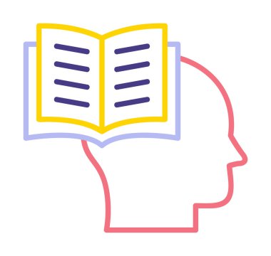 Beyaz arkaplanda izole edilmiş modaya uygun düz biçimli kitap simgesine sahip baş. 