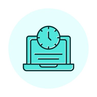 Saat simgesi olan dizüstü bilgisayar, vektör illüstrasyonu. Fazla çalışma kavramı                