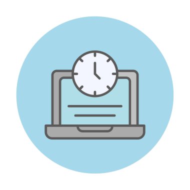 Saat simgesi olan dizüstü bilgisayar, vektör illüstrasyonu. Fazla çalışma kavramı                