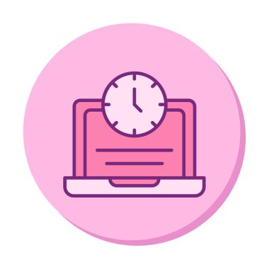 Saat simgesi olan dizüstü bilgisayar, vektör illüstrasyonu. Fazla çalışma kavramı                