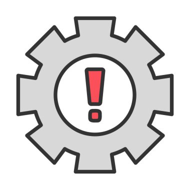 Cogwheel ve ünlem işaretli Uyarı düz simgesinin vektör çizimi