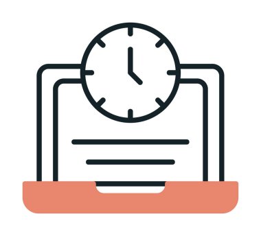 Saat simgesi olan dizüstü bilgisayar, vektör illüstrasyonu. Fazla çalışma kavramı                