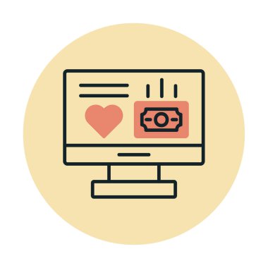 Para ve kalp web simgesi, vektör illüstrasyonlu bilgisayar monitörü