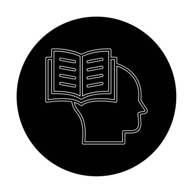 Beyaz arkaplanda izole edilmiş modaya uygun düz biçimli kitap simgesine sahip baş. 