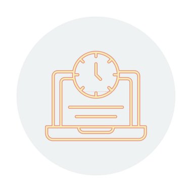 Saat simgesi olan dizüstü bilgisayar, vektör illüstrasyonu. Fazla çalışma kavramı                