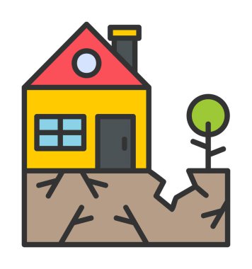 Deprem ikonu üstüne ev ve bitki. vektör illüstrasyonu
