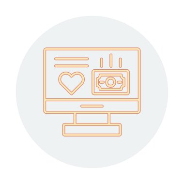 Para ve kalp web simgesi, vektör illüstrasyonlu bilgisayar monitörü