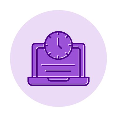 Saat simgesi olan dizüstü bilgisayar, vektör illüstrasyonu. Fazla çalışma kavramı                