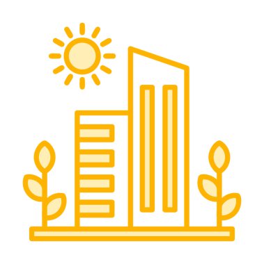 Güneş, bitkiler ve binalar vektör çizimi. Yeşil Şehir kavramı                            