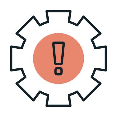 Cogwheel ve ünlem işaretli Uyarı düz simgesinin vektör çizimi