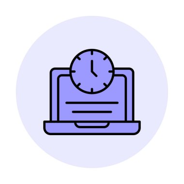 Saat simgesi olan dizüstü bilgisayar, vektör illüstrasyonu. Fazla çalışma kavramı                