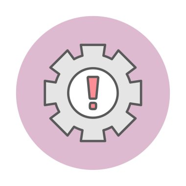 Cogwheel ve ünlem işaretli Uyarı düz simgesinin vektör çizimi