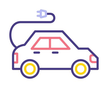 Elektrikli araba ikonu. Elektrikli otomobil ve şarj sembolü. Çevre dostu elektro araç konsepti. Vektör illüstrasyonu 