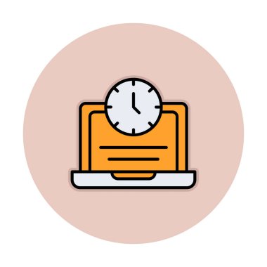 Saat simgesi olan dizüstü bilgisayar, vektör illüstrasyonu. Fazla çalışma kavramı                