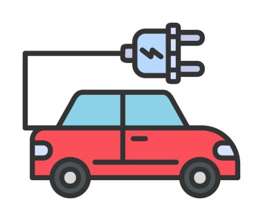 Elektrikli araba ikonu. Elektrikli otomobil ve şarj sembolü. Çevre dostu elektro araç konsepti. Vektör illüstrasyonu 