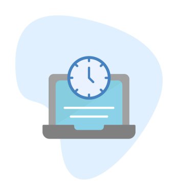 Saat simgesi olan dizüstü bilgisayar, vektör illüstrasyonu. Fazla çalışma kavramı                