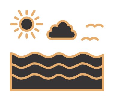 Uçan martılar ikonuyla güneş ve denizin vektör çizimi 