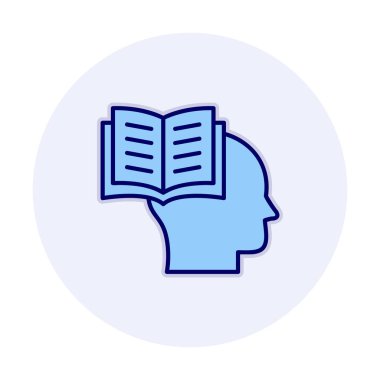 Beyaz arkaplanda izole edilmiş modaya uygun düz biçimli kitap simgesine sahip baş. 