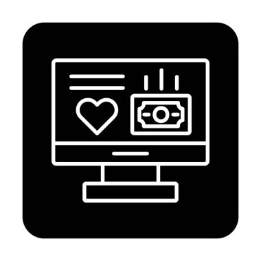 Para ve kalp web simgesi, vektör illüstrasyonlu bilgisayar monitörü