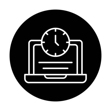 Saat simgesi olan dizüstü bilgisayar, vektör illüstrasyonu. Fazla çalışma kavramı                