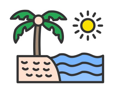 Gün batımı ve deniz ikonu, Plaj ikonu, vektör illüstrasyonu