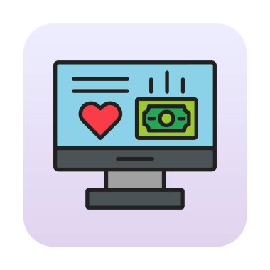 Para ve kalp web simgesi, vektör illüstrasyonlu bilgisayar monitörü