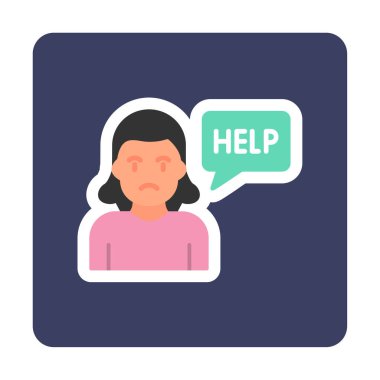 Yardımcı konuşma balonu simgesi, vektör illüstrasyonlu üzgün kadın