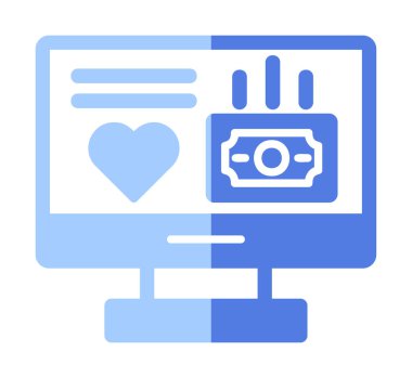 Para ve kalp web simgesi, vektör illüstrasyonlu bilgisayar monitörü