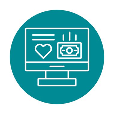 Para ve kalp web simgesi, vektör illüstrasyonlu bilgisayar monitörü