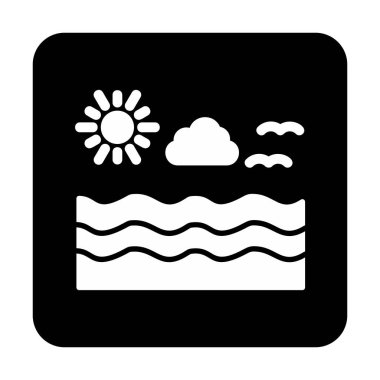 Uçan martılar ikonuyla güneş ve denizin vektör çizimi 