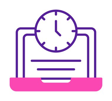 Saat simgesi olan dizüstü bilgisayar, vektör illüstrasyonu. Fazla çalışma kavramı                