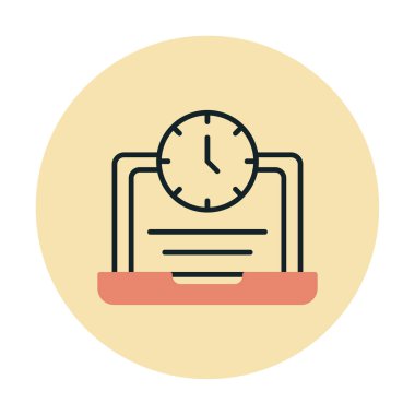 Saat simgesi olan dizüstü bilgisayar, vektör illüstrasyonu. Fazla çalışma kavramı                